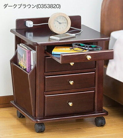 ナイトテーブル 天然木 リビングワゴン コンセント付 ベッドサイドテーブル ベッドワゴン 収納 キャスター付き(代引不可)