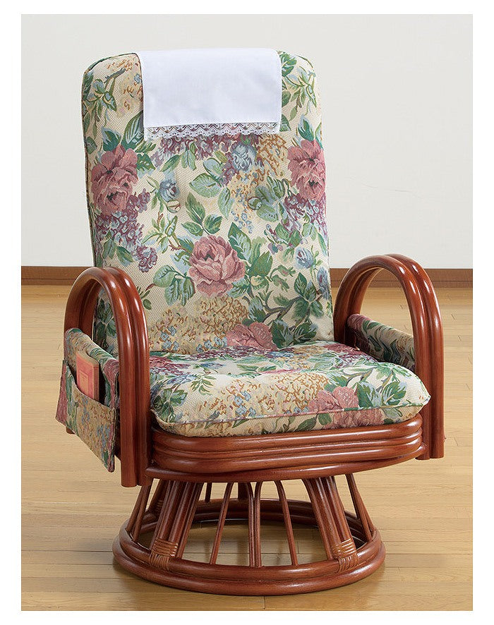 天然籐リクライニングハイバック回転座椅子 ミドルタイプ 座椅子 回転 肘掛け付き(代引不可)