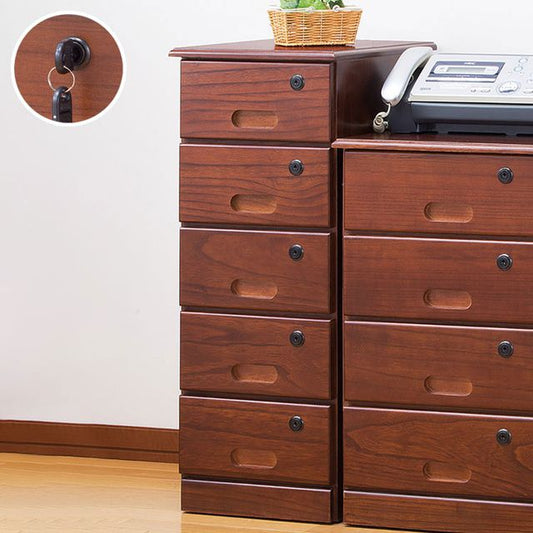 全段鍵付き シークレットチェスト 5段 幅30 天然木 桐製 書類 収納 たんす 隠しキャスター付き 木製 FAX台 電話台 引き出し 多段チェスト スリム(代引不可)