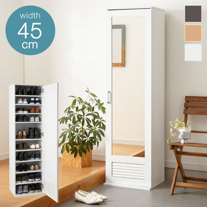 シューズラック ミラー付き ルーバー仕様 ハイタイプ 下駄箱 スリム 幅45cm 通気性 シューズボックス 鏡 姿見 棚板 可動式 靴 玄関 収納(代引不可)