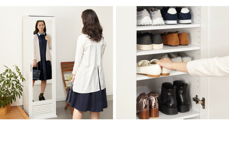 シューズラック ミラー付き ルーバー仕様 ハイタイプ 下駄箱 スリム 幅45cm 通気性 シューズボックス 鏡 姿見 棚板 可動式 靴 玄関 収納(代引不可)