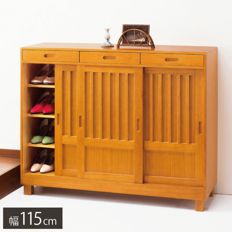 和風引き戸シューズボックス 3枚扉 天然木 幅115 奥行38 高さ95 シューズラック 下駄箱 靴箱 玄関収納 キャビネット 引き戸収納(代引不可)