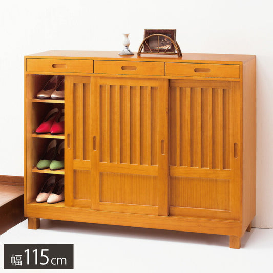 和風引き戸シューズボックス 3枚扉 天然木 幅115 奥行38 高さ95 シューズラック 下駄箱 靴箱 玄関収納 キャビネット 引き戸収納(代引不可)