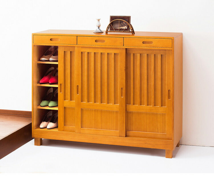 和風引き戸シューズボックス 3枚扉 天然木 幅115 奥行38 高さ95 シューズラック 下駄箱 靴箱 玄関収納 キャビネット 引き戸収納(代引不可)