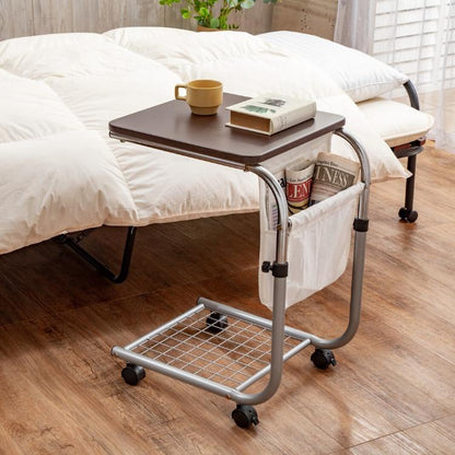 昇降式サイドテーブル 雑誌が入るポケット付き マガジンラック 高さ調節 キャスター付き ベッドサイド ソファサイド(代引不可)