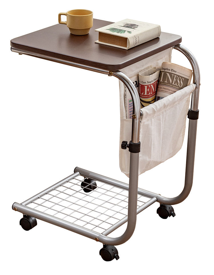 昇降式サイドテーブル 雑誌が入るポケット付き マガジンラック 高さ調節 キャスター付き ベッドサイド ソファサイド(代引不可)