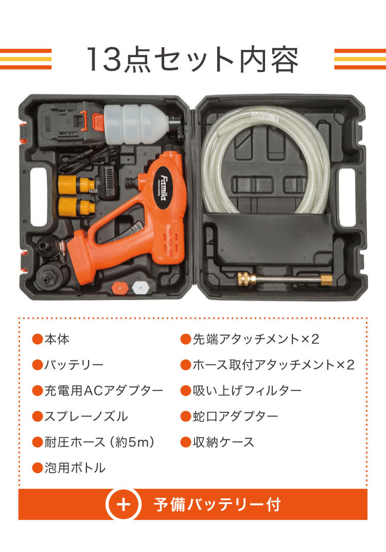 ファミラ 充電式コードレス3Way高圧洗浄機 予備バッテリー付き 直噴・拡散・泡モード 電動 高圧洗浄機 コードレス 充電式 網戸 ベランダ ドアサッシ お風呂 室外機 掃除 ダブルバッテリー(代引不可)