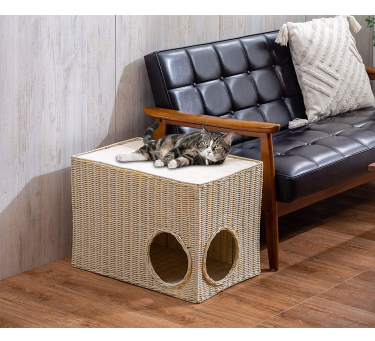 ラタン調 ソファサイドキャットハウス ハンドメイド 洗える ラタン風 猫 ちぐら かご バスケット トンネル付き 穴付き サイドテーブル ペットベッド 猫ベッド おしゃれ(代引不可)