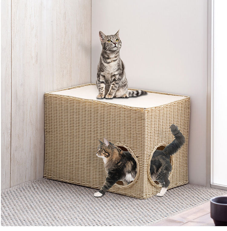 ラタン調 ソファサイドキャットハウス ハンドメイド 洗える ラタン風 猫 ちぐら かご バスケット トンネル付き 穴付き サイドテーブル ペットベッド 猫ベッド おしゃれ(代引不可)