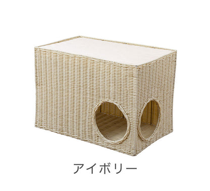 ラタン調 ソファサイドキャットハウス ハンドメイド 洗える ラタン風 猫 ちぐら かご バスケット トンネル付き 穴付き サイドテーブル ペットベッド 猫ベッド おしゃれ(代引不可)