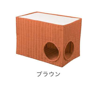 ラタン調 ソファサイドキャットハウス ハンドメイド 洗える ラタン風 猫 ちぐら かご バスケット トンネル付き 穴付き サイドテーブル ペットベッド 猫ベッド おしゃれ(代引不可)