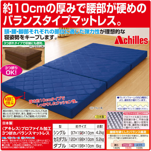 Achilles アキレス 日本製 マットレス 三つ折り プロファイル加工三つ折れバランスマットレス セミダブル(代引不可)