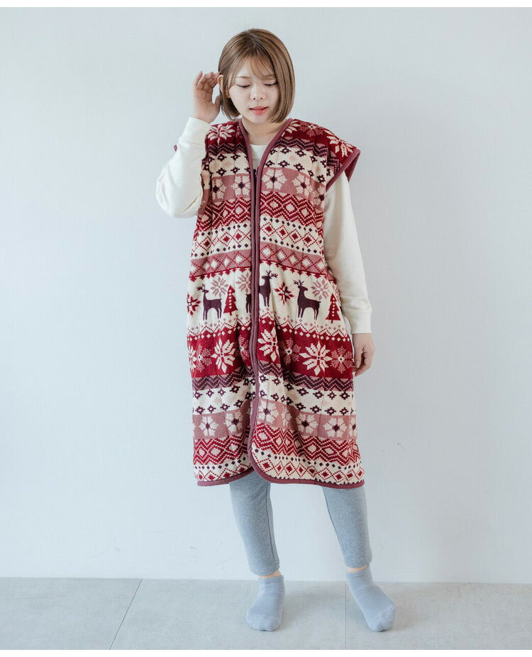 あったか着る毛布 ノルディック柄 吸湿発熱 毛布スリーパー ショート 65×100cm 北欧柄 エンジ グリーン 冬 あったか 着るブランケット(代引不可)