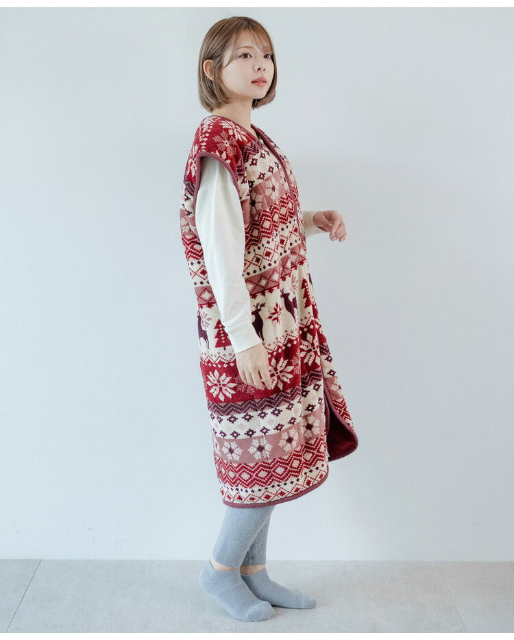 あったか着る毛布 ノルディック柄 吸湿発熱 毛布スリーパー ショート 65×100cm 北欧柄 エンジ グリーン 冬 あったか 着るブランケット(代引不可)