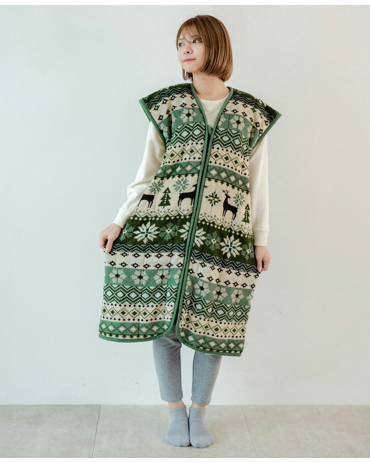 あったか着る毛布 ノルディック柄 吸湿発熱 毛布スリーパー ショート 65×100cm 北欧柄 エンジ グリーン 冬 あったか 着るブランケット(代引不可)