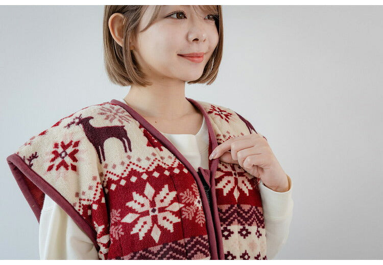 あったか着る毛布 ノルディック柄 吸湿発熱 毛布スリーパー ショート 65×100cm 北欧柄 エンジ グリーン 冬 あったか 着るブランケット(代引不可)