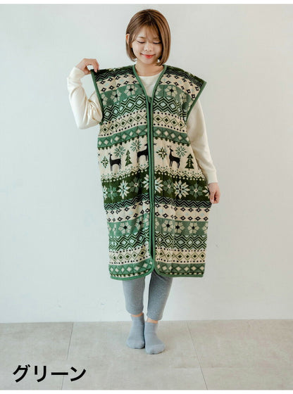 あったか着る毛布 ノルディック柄 吸湿発熱 毛布スリーパー ショート 65×100cm 北欧柄 エンジ グリーン 冬 あったか 着るブランケット(代引不可)