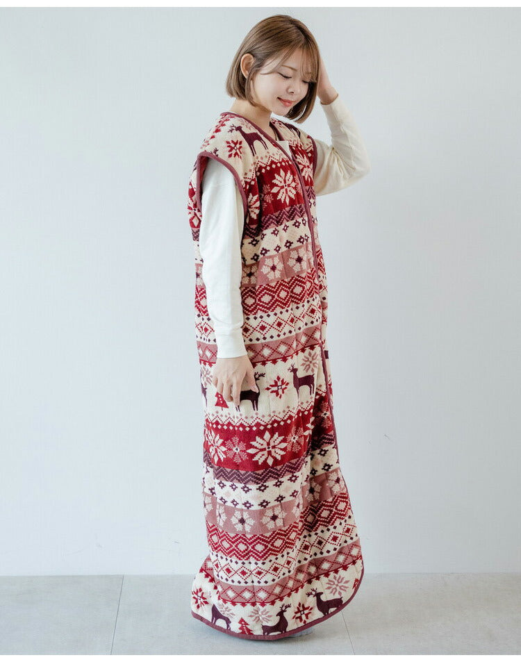 あったか着る毛布 ノルディック柄 吸湿発熱 毛布スリーパー ロング 65×130cm 北欧柄 エンジ グリーン 冬 あったか 着るブランケット(代引不可)