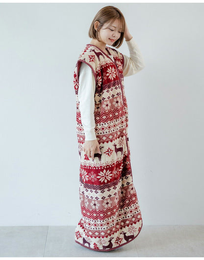 あったか着る毛布 ノルディック柄 吸湿発熱 毛布スリーパー ロング 65×130cm 北欧柄 エンジ グリーン 冬 あったか 着るブランケット(代引不可)