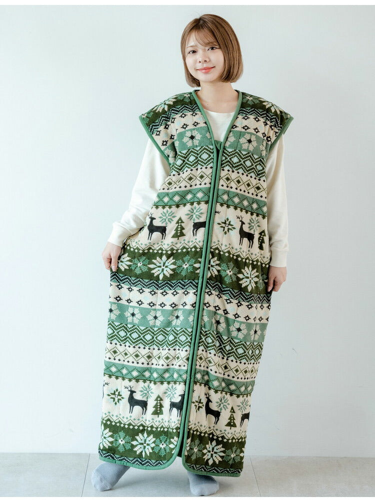 あったか着る毛布 ノルディック柄 吸湿発熱 毛布スリーパー ロング 65×130cm 北欧柄 エンジ グリーン 冬 あったか 着るブランケット(代引不可)