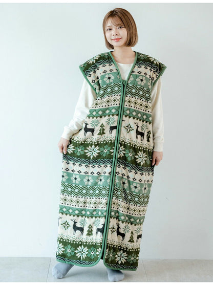あったか着る毛布 ノルディック柄 吸湿発熱 毛布スリーパー ロング 65×130cm 北欧柄 エンジ グリーン 冬 あったか 着るブランケット(代引不可)