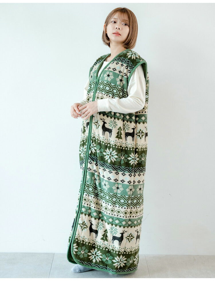 あったか着る毛布 ノルディック柄 吸湿発熱 毛布スリーパー ロング 65×130cm 北欧柄 エンジ グリーン 冬 あったか 着るブランケット(代引不可)