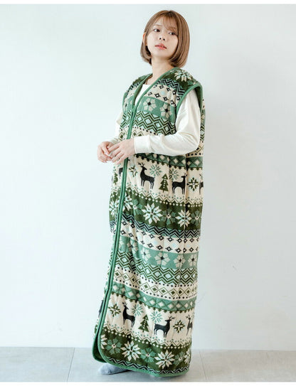 あったか着る毛布 ノルディック柄 吸湿発熱 毛布スリーパー ロング 65×130cm 北欧柄 エンジ グリーン 冬 あったか 着るブランケット(代引不可)