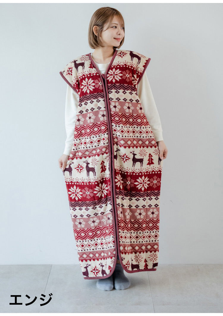 あったか着る毛布 ノルディック柄 吸湿発熱 毛布スリーパー ロング 65×130cm 北欧柄 エンジ グリーン 冬 あったか 着るブランケット(代引不可)