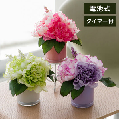 タイマー付きLEDフラワーグラス 置き型タイプ パステルカラー ピオニー アレンジメント おしゃれ かわいい 造花(代引不可)