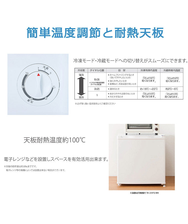 1ドア冷凍冷蔵庫 31L コンパクトサイズ 霜取りヘラ・製氷皿付き 冷凍・冷蔵切替 扉左右付け替え自由 耐熱性天板 冷凍食品 冷蔵庫 寝室用(代引不可)