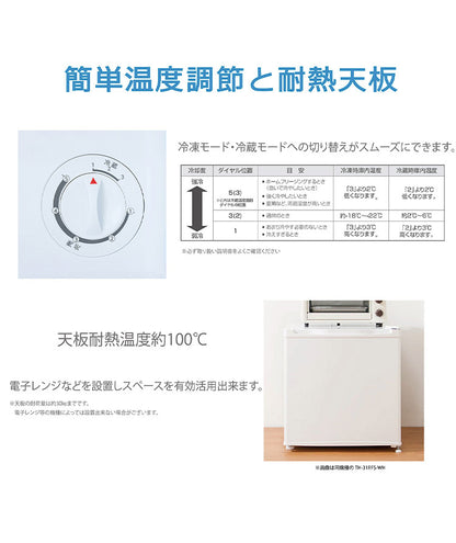 1ドア冷凍冷蔵庫 31L コンパクトサイズ 霜取りヘラ・製氷皿付き 冷凍・冷蔵切替 扉左右付け替え自由 耐熱性天板 冷凍食品 冷蔵庫 寝室用(代引不可)
