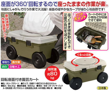 回転座面付き 園芸カート 台車 ワゴン 座れる ボックス 小物収納 耐荷重80kg 足腰 負担軽減 しゃがみ込み 庭 畑 園芸 草むしり 農作業 釣り 日曜大工(代引不可)