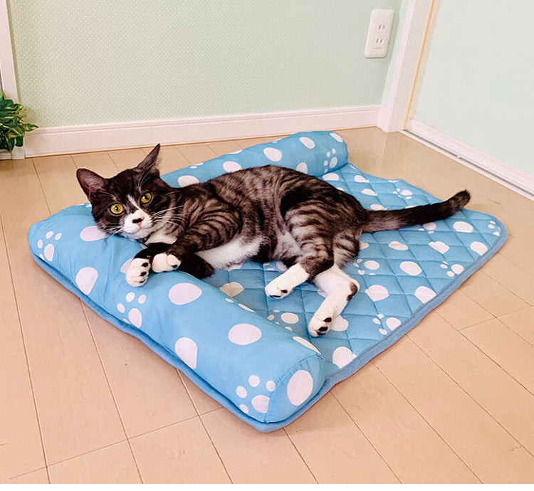 ペットマット ペット用布団 L字枕付き 50×70 接触冷感 足あと柄シリーズ 滑りにくい 冷感 夏の暑さ対策 手洗いOK 小型犬 犬 猫 ペット クッション ペット用品(代引不可)