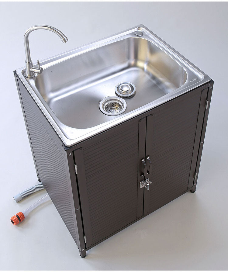 ステンレス流し台 シンク アルミ収納庫付き 水栓蛇口 流し台 頑丈 丈夫 ガーデンシンク 屋外 洗濯 汚れ 泥落とし 収納 両扉付き キッチン収納 ガーデン収納(代引不可)