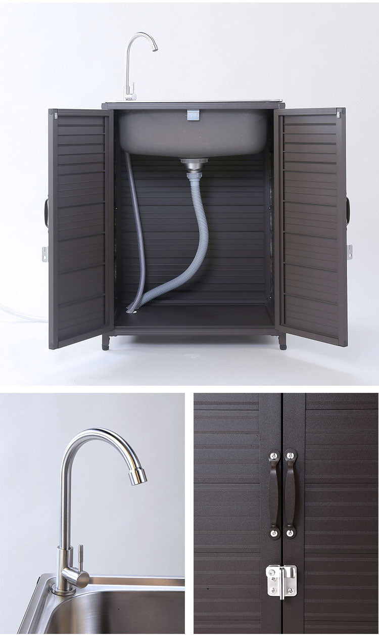 ステンレス流し台 シンク アルミ収納庫付き 水栓蛇口 流し台 頑丈 丈夫 ガーデンシンク 屋外 洗濯 汚れ 泥落とし 収納 両扉付き キッチン収納 ガーデン収納(代引不可)