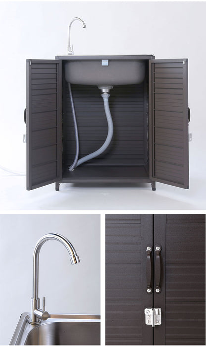 ステンレス流し台 シンク アルミ収納庫付き 水栓蛇口 流し台 頑丈 丈夫 ガーデンシンク 屋外 洗濯 汚れ 泥落とし 収納 両扉付き キッチン収納 ガーデン収納(代引不可)