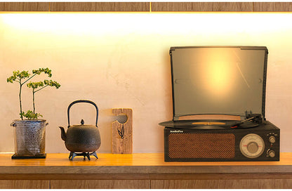 昭和レトロ簡単コンパクトレコードプレーヤー ラジオ AM ワイドFM対応 レコード カセットテープ 音楽再生 スピーカー内蔵 カセット プレーヤー レコプレ 3スピード(代引不可)