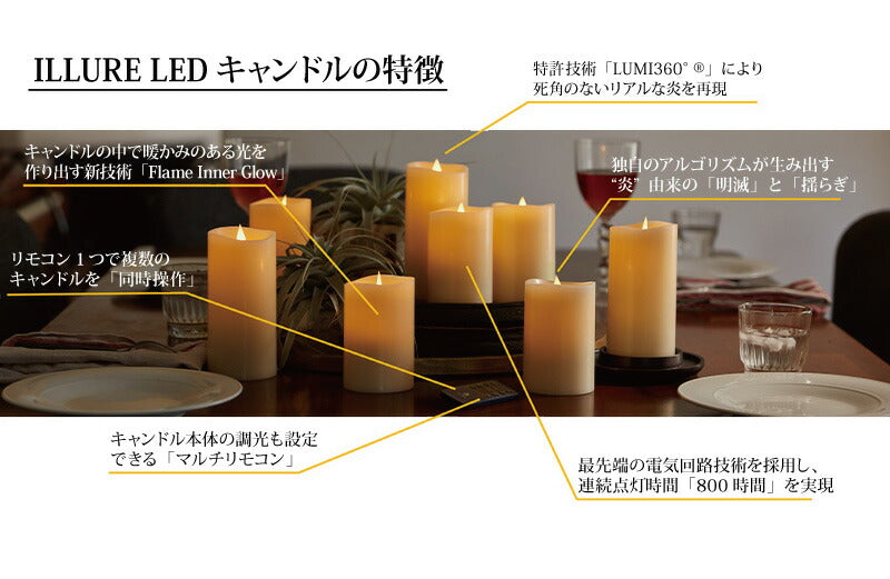 イルア LED キャンドルライト リアルな炎を演出 ピラーキャンドル Mサイズ リモコン付き IL201-IV ILLURE