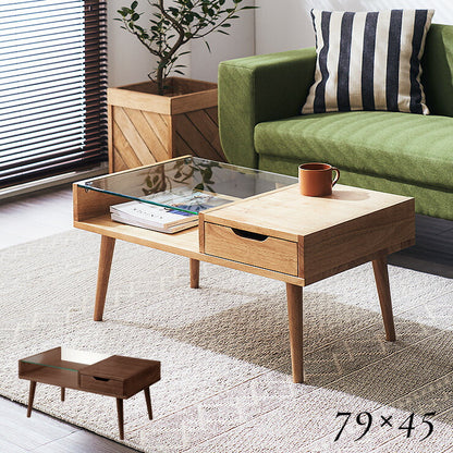ガラス センターテーブル 引き出し付き 天然木 ローテーブル テーブル 木製 おしゃれ リビングテーブル かわいい カフェ 北欧