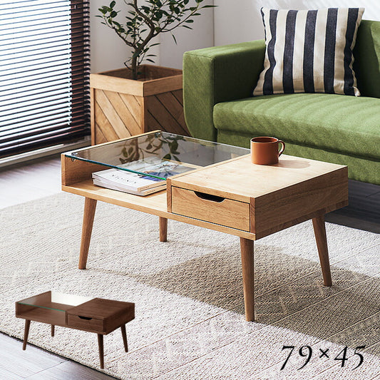 ガラス センターテーブル 引き出し付き 天然木 ローテーブル テーブル 木製 おしゃれ リビングテーブル かわいい カフェ 北欧