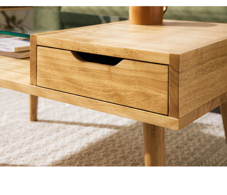 ガラス センターテーブル 引き出し付き 天然木 ローテーブル テーブル 木製 おしゃれ リビングテーブル かわいい カフェ 北欧