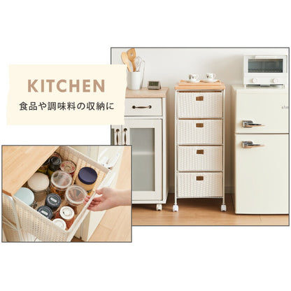 天板付き キャスター付きラタン調サニタリー収納 幅35cm ワイド 大容量 引き出し 木製天板 サニタリーチェスト サニタリー すき間 チェスト ランドリー 棚 ラック チェスト ランドリー収納