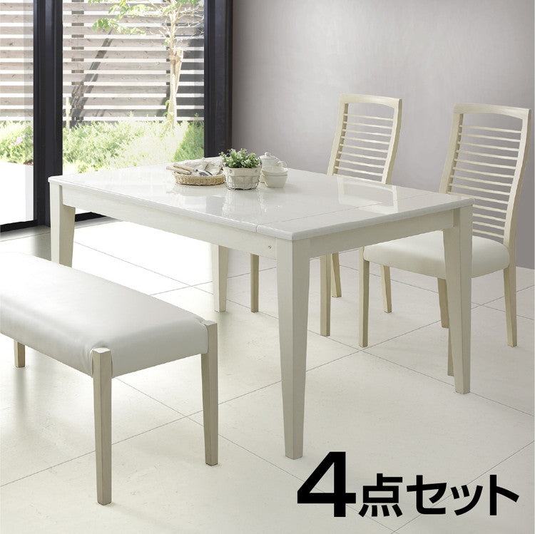 伸縮 ダイニングセット 4人掛け 4点セット ダイニングテーブルセット 伸長式 幅130~幅180 ホワイト 白 鏡面 ダイニングチェア ベンチ 食卓セット 北欧 おしゃれ(代引不可)