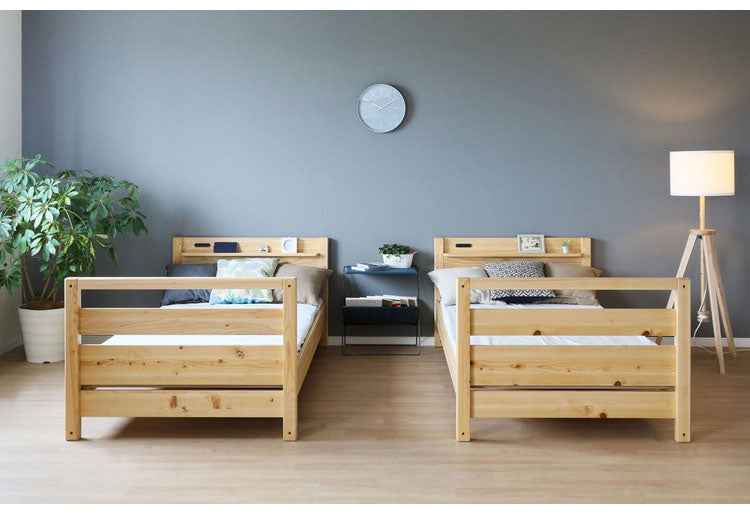 2段ベッド 木製 ヒノキ材 コンセント付き 耐震設計 高さ調節可能 シングルベッド 垂直はしご 分割 分離 寝室 ベッド シンプル 子供部屋 コンパクト おしゃれ 社員寮 学生寮(代引不可)