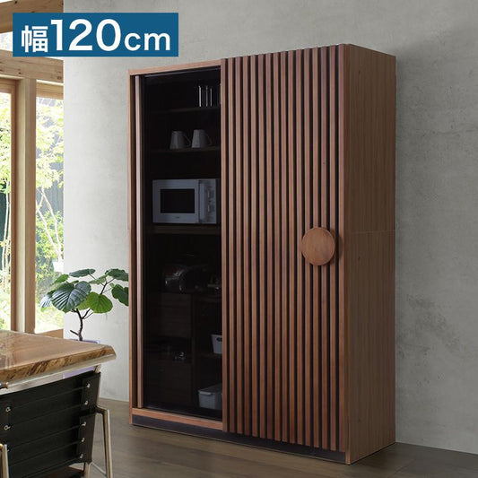 食器棚 キッチンボード 完成品 幅120 奥行52 高さ196 引き戸 開梱設置無料 ハイタイプ ウォールナット 天然木 おしゃれ 大容量 キッチン 収納 ブラックガラス リンク(代引不可)