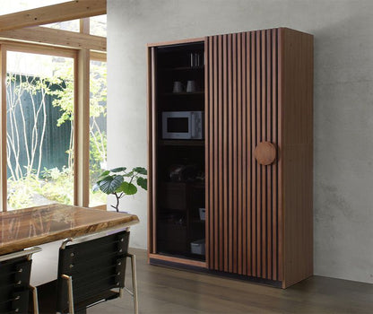 食器棚 キッチンボード 完成品 幅120 奥行52 高さ196 引き戸 開梱設置無料 ハイタイプ ウォールナット 天然木 おしゃれ 大容量 キッチン 収納 ブラックガラス リンク(代引不可)