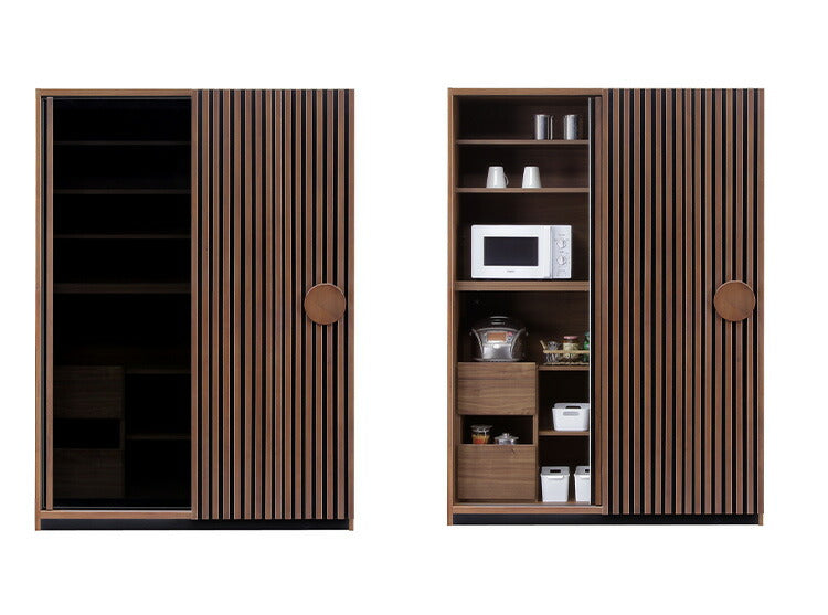 食器棚 キッチンボード 幅138 奥行52 高さ196 引き戸 開梱設置無料 ハイタイプ ウォールナット 天然木 おしゃれ 大容量 キッチン 収納 ブラックガラス リンク(代引不可)