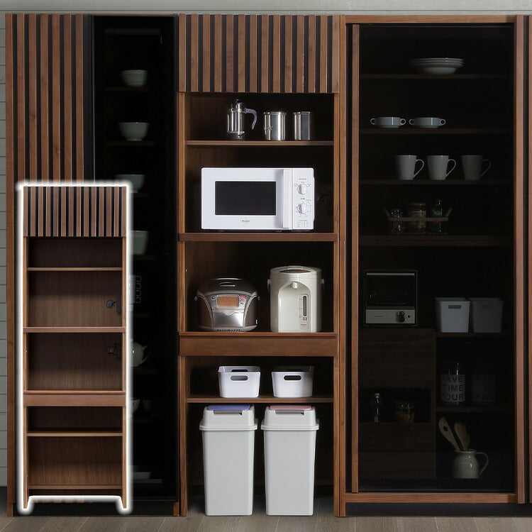 レンジボード レンジ台 完成品 幅62 奥行51 高さ196 ハイタイプ 開梱設置無料 食器棚 ウォールナット 天然木 おしゃれ 大容量 キッチン 収納 ブラックガラス リンク(代引不可)