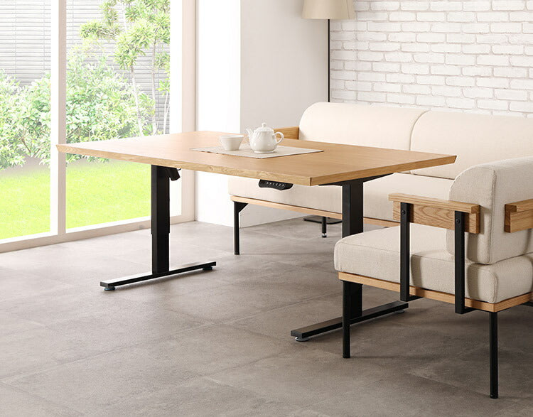 昇降テーブル 155×80cm 高さ49~74cm ダイニングテーブル オーク アイアン脚 2本脚 昇降式 シンプル リフティングテーブル 高さ調節 食卓 リビング ダイニング(代引不可)