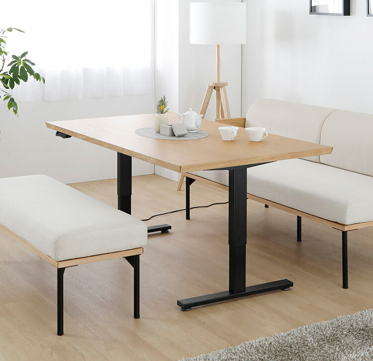 昇降テーブル 155×80cm 高さ49~74cm ダイニングテーブル オーク アイアン脚 2本脚 昇降式 シンプル リフティングテーブル 高さ調節 食卓 リビング ダイニング(代引不可)